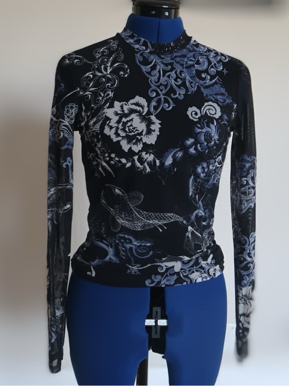 Johnny Was Black Mesh Long-Sleeve Mock Neck Top with White Floral & Koi Print